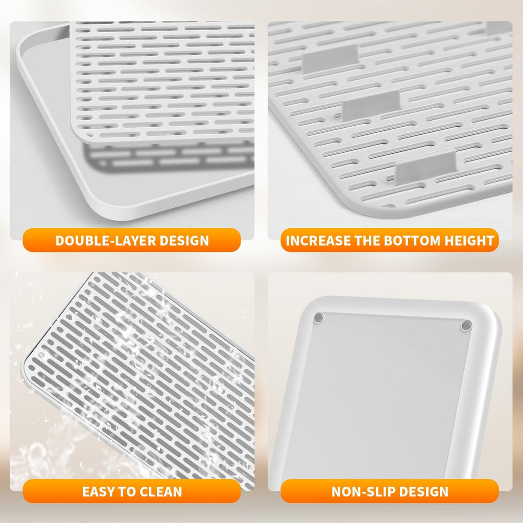 Plastics Drain Tray, Cup & Dish Drying Rack, Drain Board 2 Tier Non Slip Serving Tray with Drainboard Perfect for