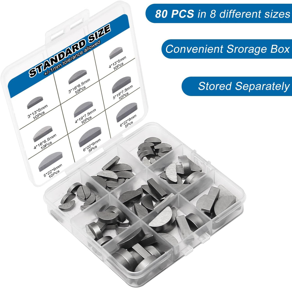 80pcs Woodruff Key Assortment Kit Carbon Steel Half Moon Key