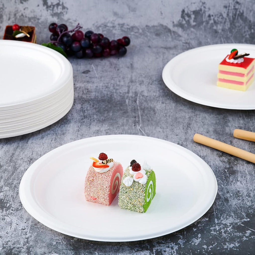150 Pack Compostable Bagasse Paper Plates 10.25 inch, White