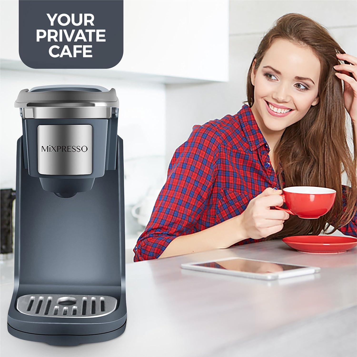 Single Serve Coffee Maker K Cup Coffee Maker for K Pods & Grounds | Compact 800W Gray Coffee Machine with 12 Oz Water