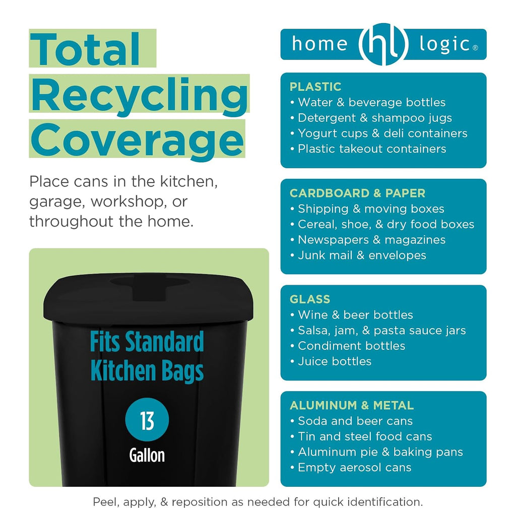 Recycling Bin System, 3 Pack Waste Sorting Containers with Stickers, Plastic Trash Cans for Kitchen Garage Home