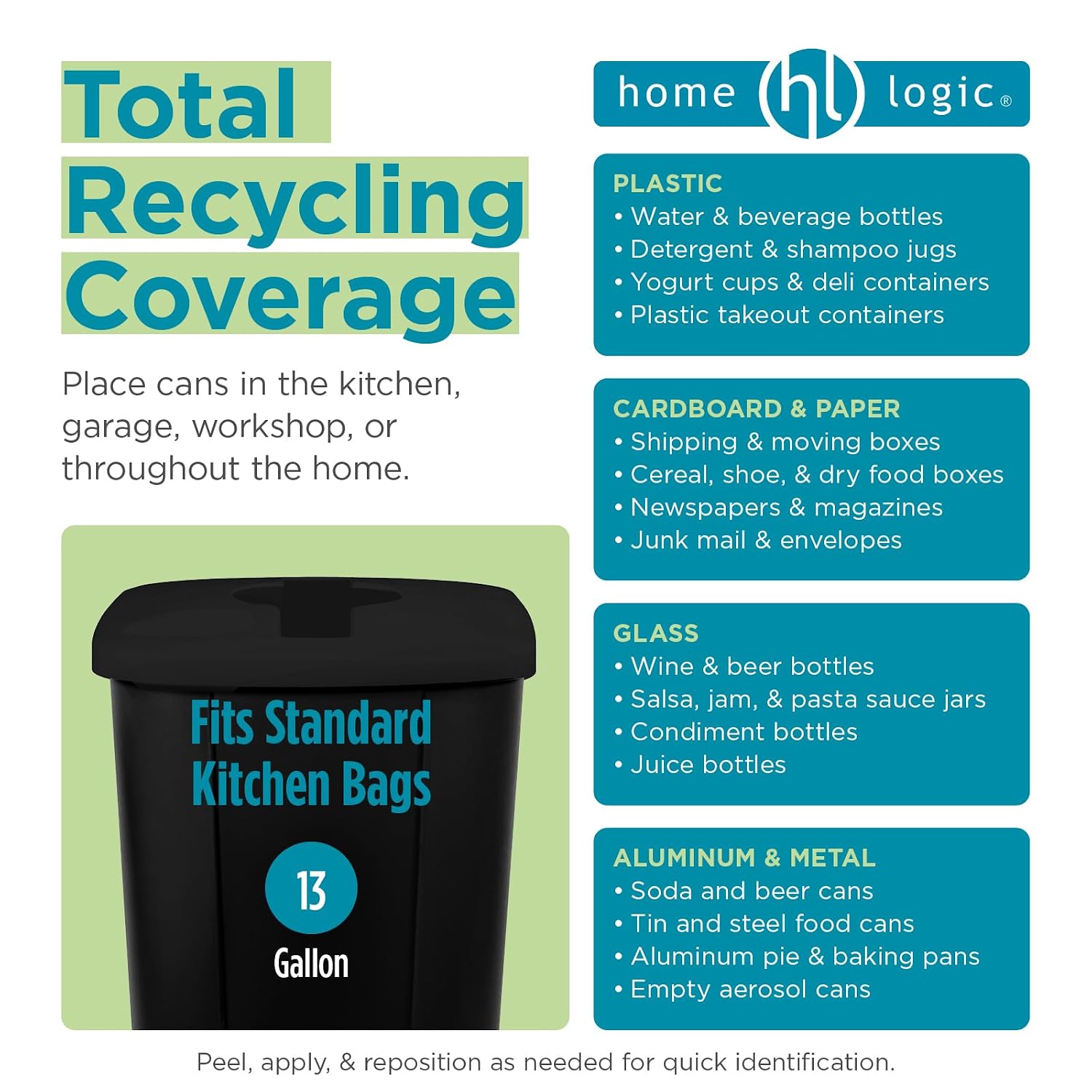 Recycling Bin System, 3 Pack Waste Sorting Containers with Stickers, Plastic Trash Cans for Kitchen Garage Home