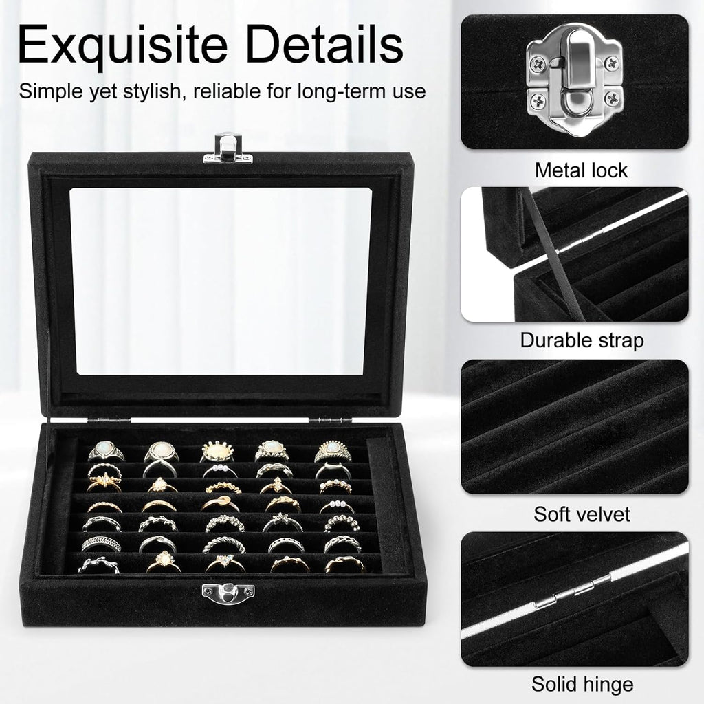 Velvet Ring Organizer Box, 7 Slots Jewelry Holder with Glass Lid Earring Display Tray Storage Case Gift for Women and