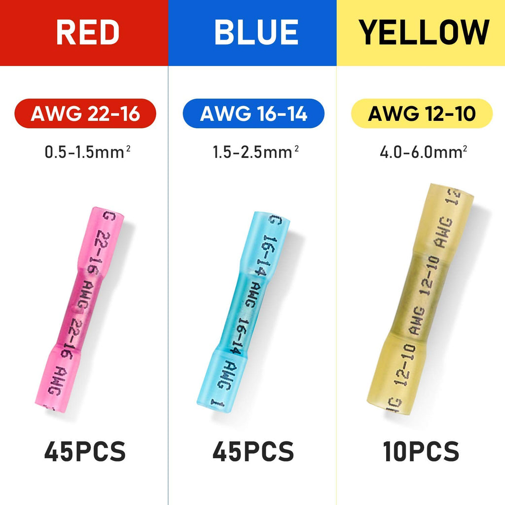 100PCS Heat Shrink Butt Wire Connector Kit, Insulated Waterproof Electrical Wire Crimp Terminals Butt Splice for