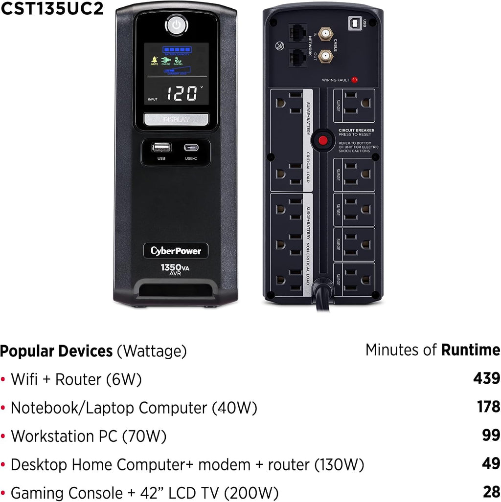 CST135UC2-R Line‑Interactive UPS Battery Backup and Surge Protector, 1350VA/810W, AVR, 10 Outlets, USB‑C & USB‑A