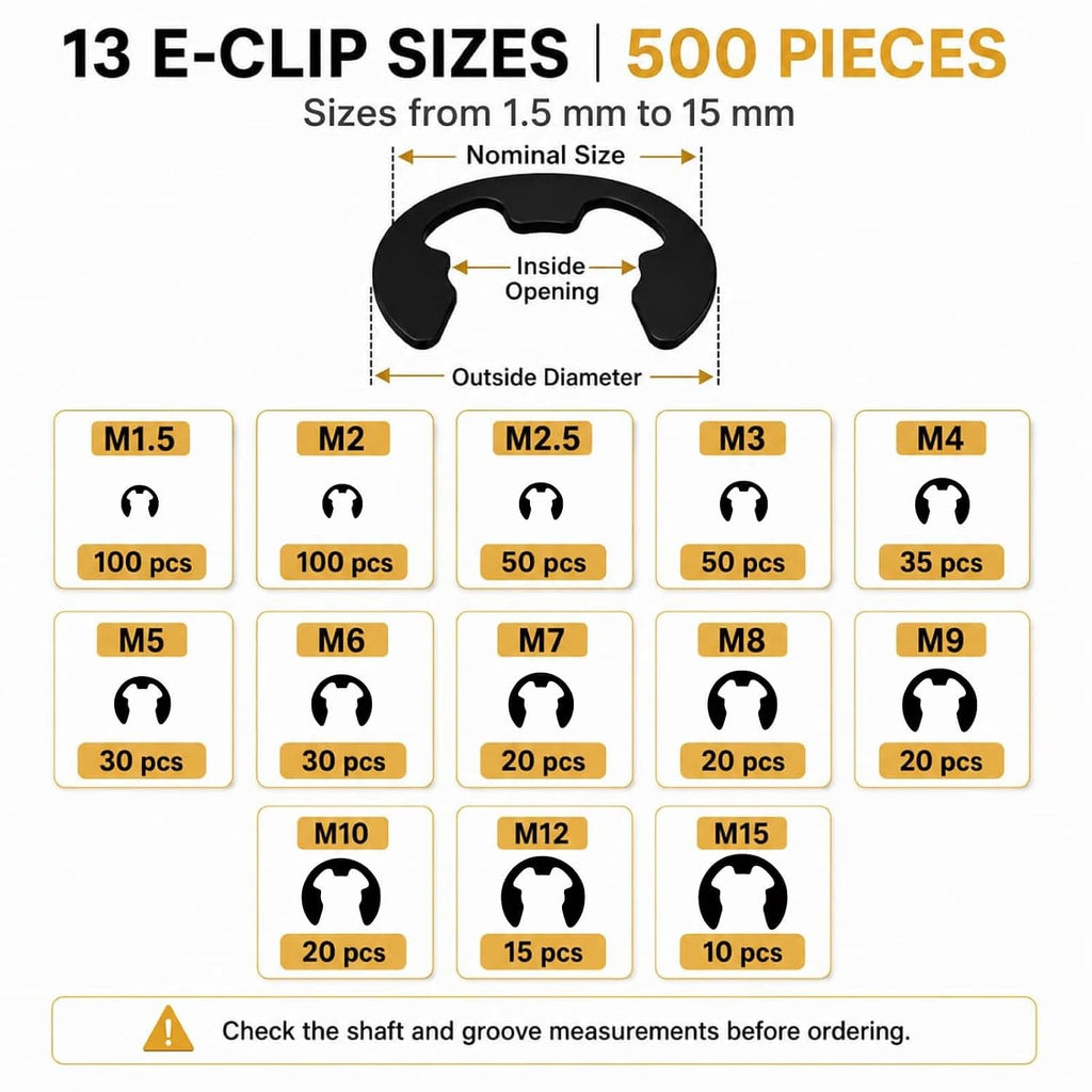 1000-Piece C Clips & E Clips Assortment Kit - 32 Sizes, Retaining Rings
