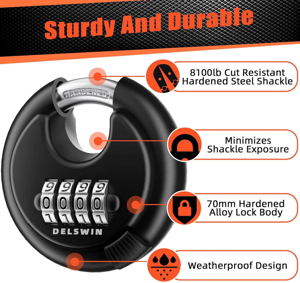4-Digit Disc Combination Lock Outdoor - Heavy Duty Combination Padlocks with Hardened Steel Shackle Weatherproof