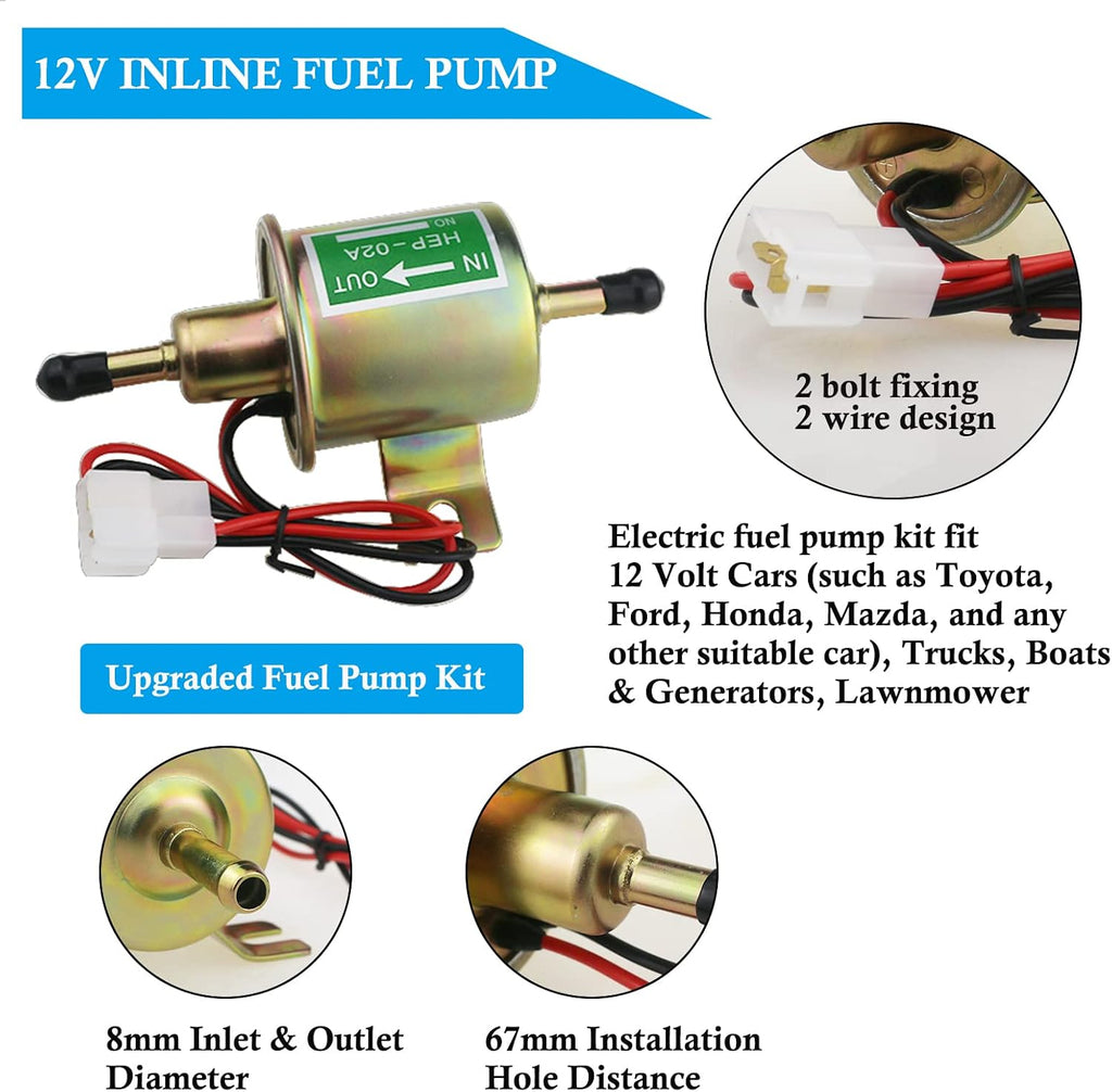 Universal Electric Fuel Pump Kit with DC 12V (3-6PSI) Fuel Pump | 2M 5/16" ID Fuel Line, Fuel Filters, 10pcs Hose Clamp