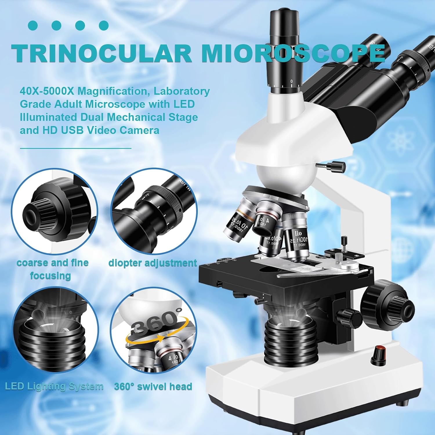 Trinocular Microscope 40X-5000X Magnification Laboratory Grade with Dual Mechanical Stage and HD USB Camera