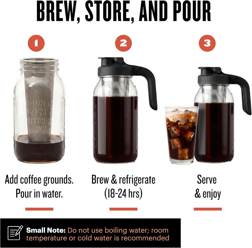 64oz Cold Brew Coffee Maker with Leak Proof Lid - Black | Glass Cold Brew Coffee Maker - Wide Mouth Mason Jar