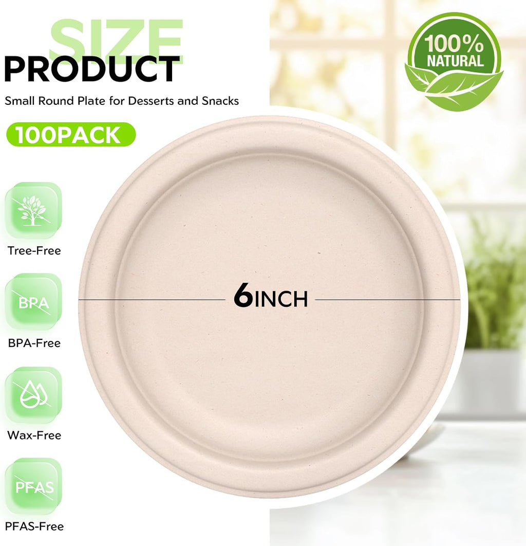 Disposable Compostable Paper Plates 6" - Small Dessert Plates 100 Count
