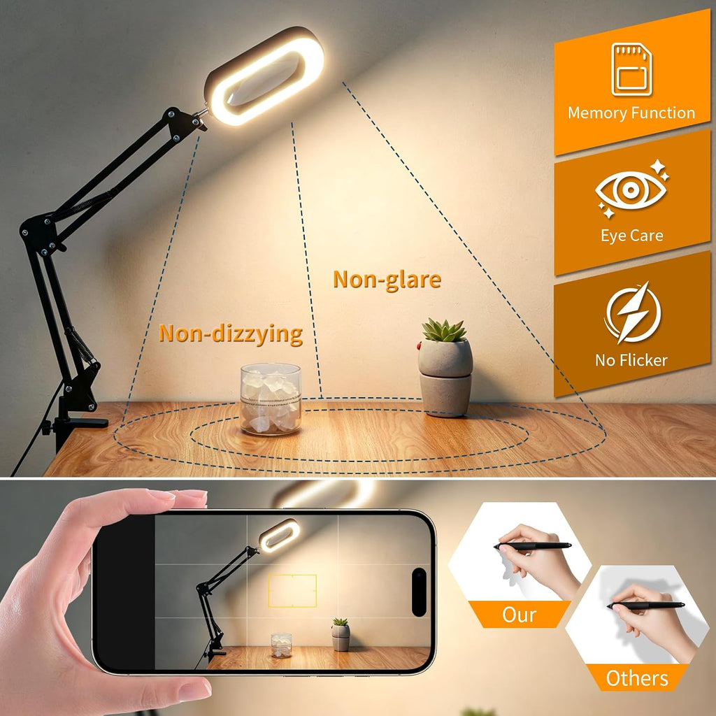 10X 30X Square Magnifying Glass with Light and Stand for Reading, Crafts | LED Magnifier Lamp with Clamp, Real Glass