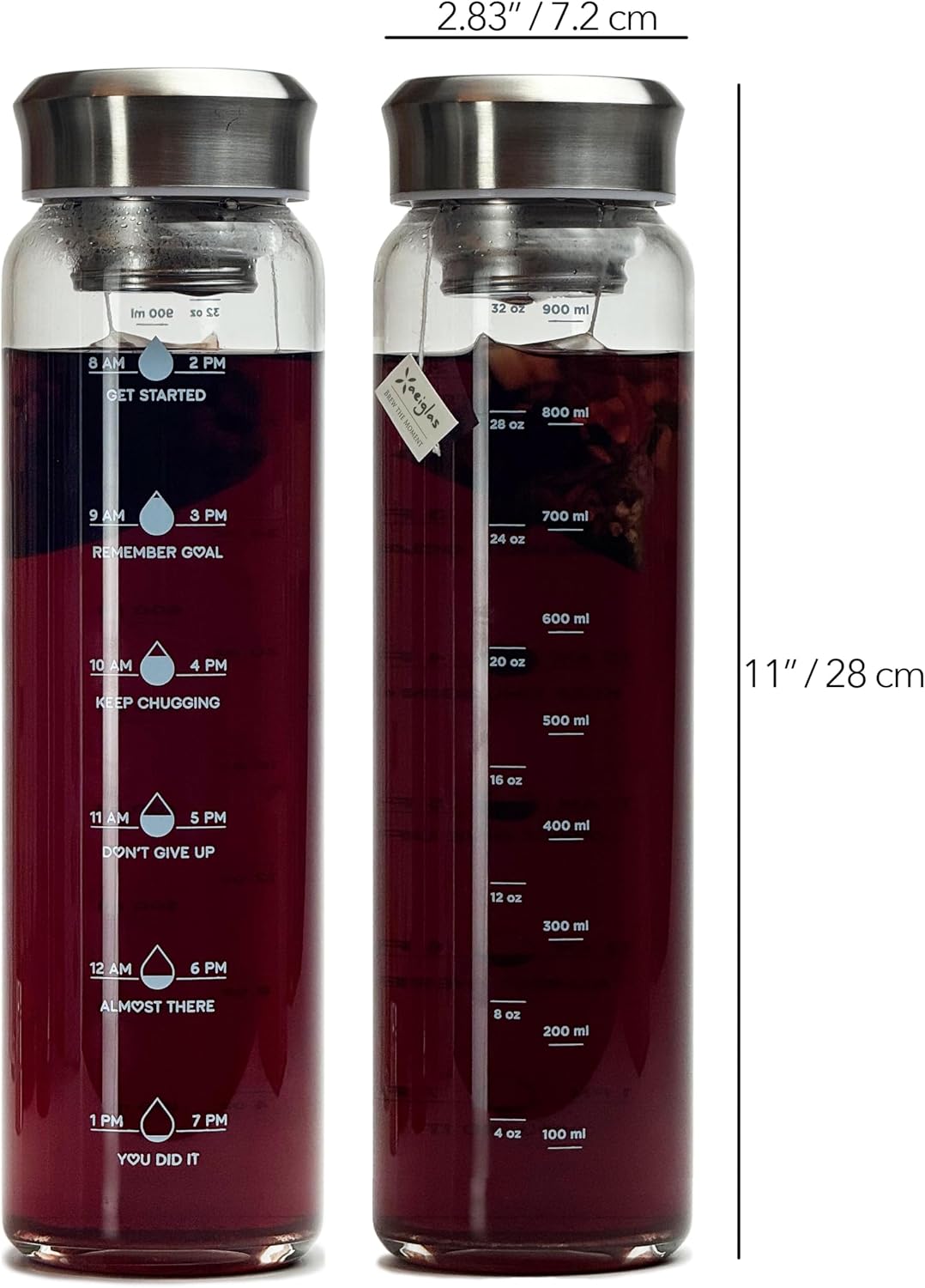 Motivational Glass Water Bottle 32 oz Borosilicate with Neoprene Sleeve and Stainless Steel Lid