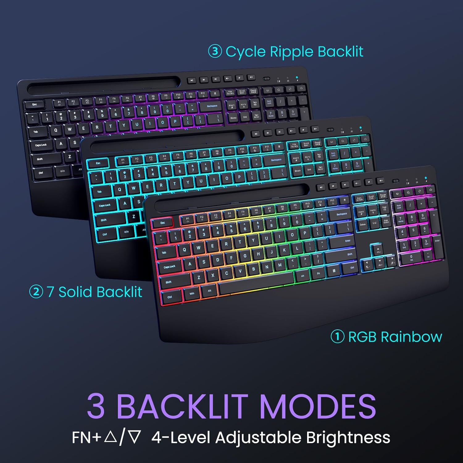 Wireless Keyboard and Mouse Combo- VEILZOR 2.4G Rechargeable Keyboard with Phone Holder, Ergonomic Wrist Rest, 9 RGB