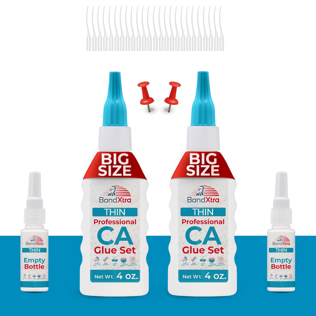 Thin Viscosity 8 oz. Premium CA Glue for Woodworking with Extra Bottles, Caps and Microtips, Super Glue Kit for