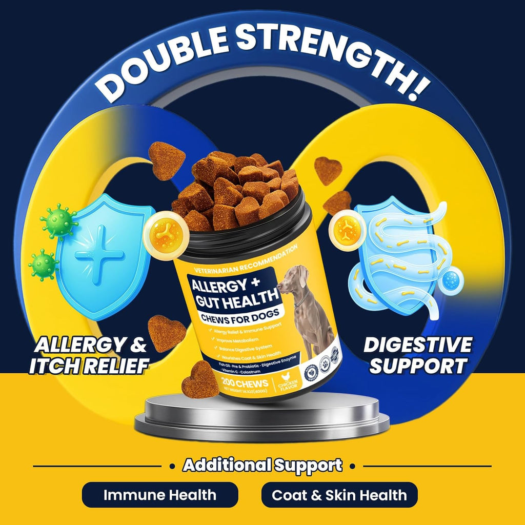 Dog Allergy Chews Probiotics for Dogs for Yeast 200ct, Itchy Skin and Itchy Ears Itch Relief Immune Pre Chews for Pet