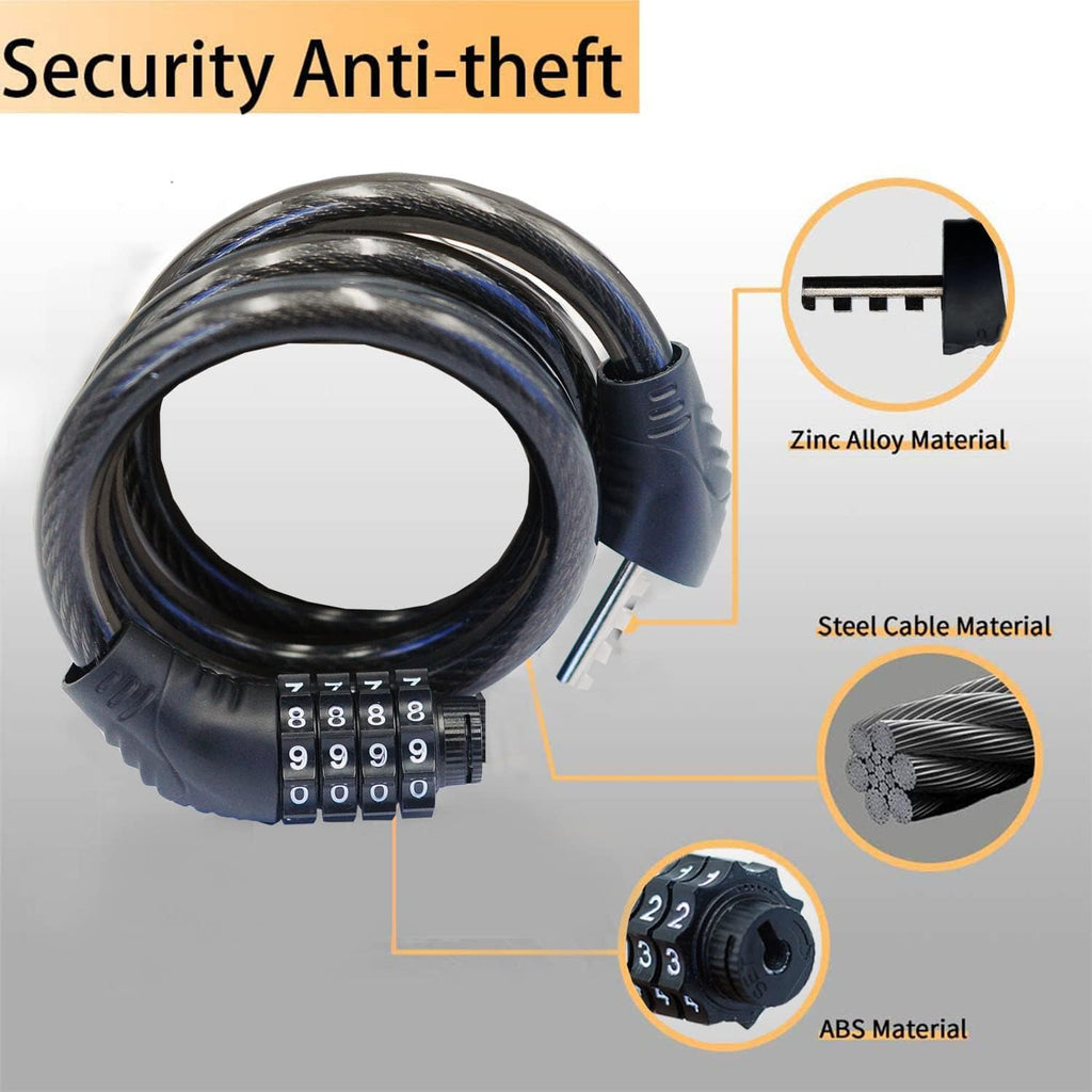 Long Coiled Security Resettable Combination Bike Cable 4 Digit Lock, Anti-Theft Accessories for Mountain and Road