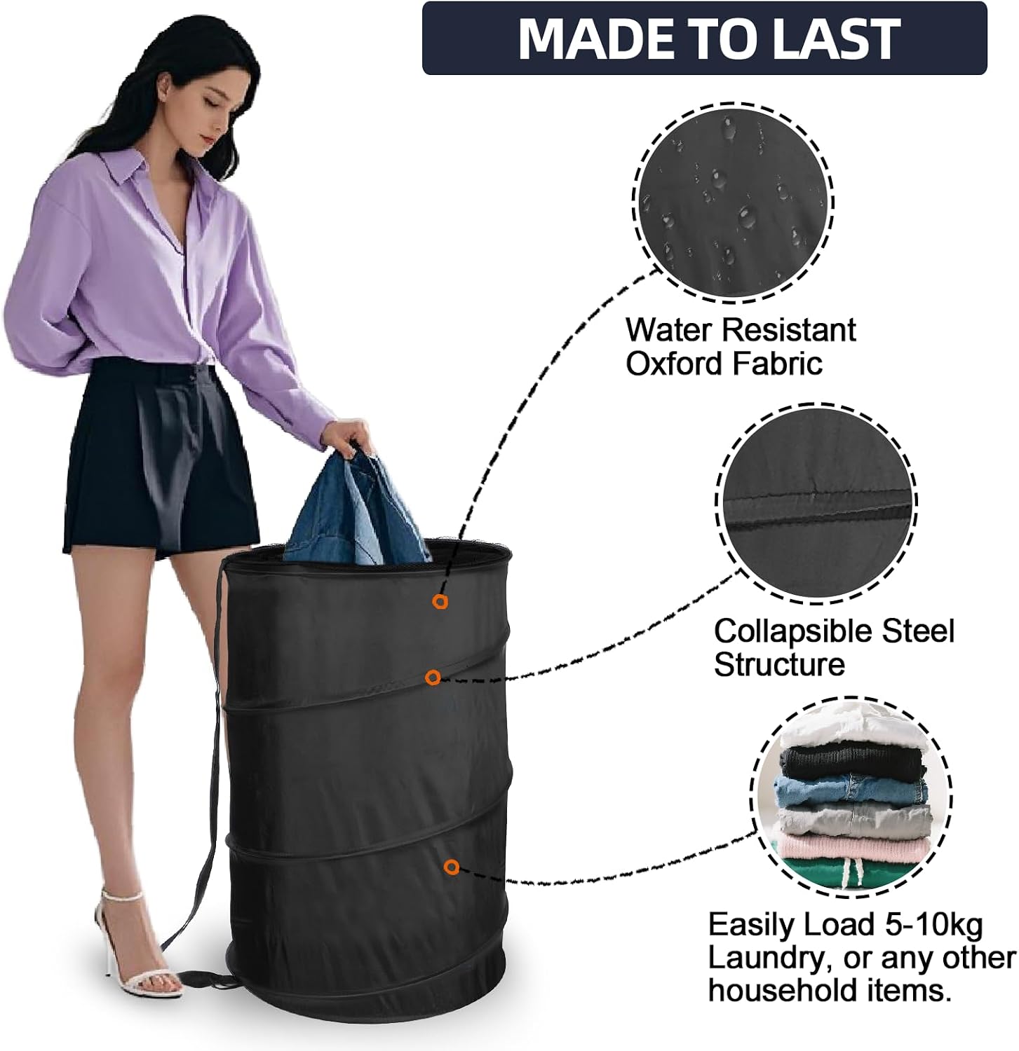 Extra Large 107L Strong Laundry Hamper 17.5" x 27" Collapsible Laundry Baskets with Long Straps Drawstring Barrel
