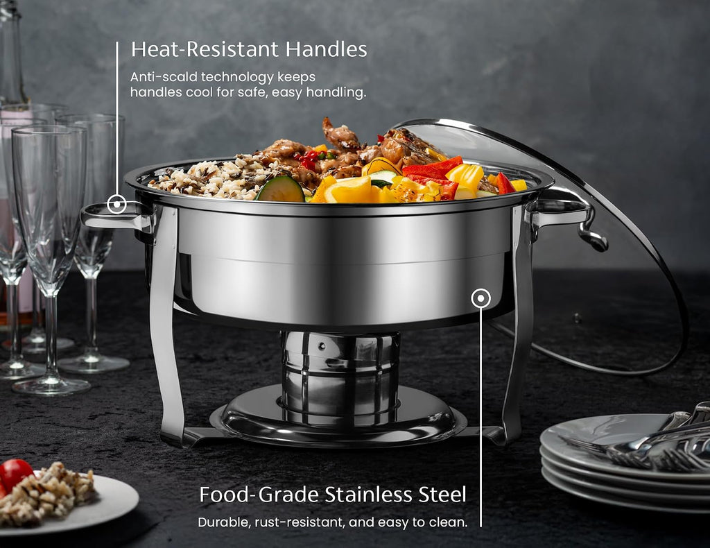 Chafing Dish for Buffet Set, by Kook, Catering Food Warmers, Round Dishes, Warmer Tray, Stainless Steel with Glass