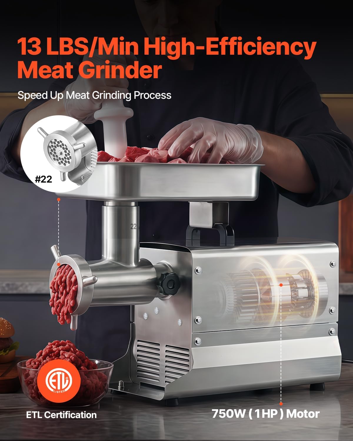 Commercial Meat Grinder, 13 Lbs/Min Capacity, #22 Electric Meat Mincer with 3 Plates, 3 Sausage Stuffing Tubes