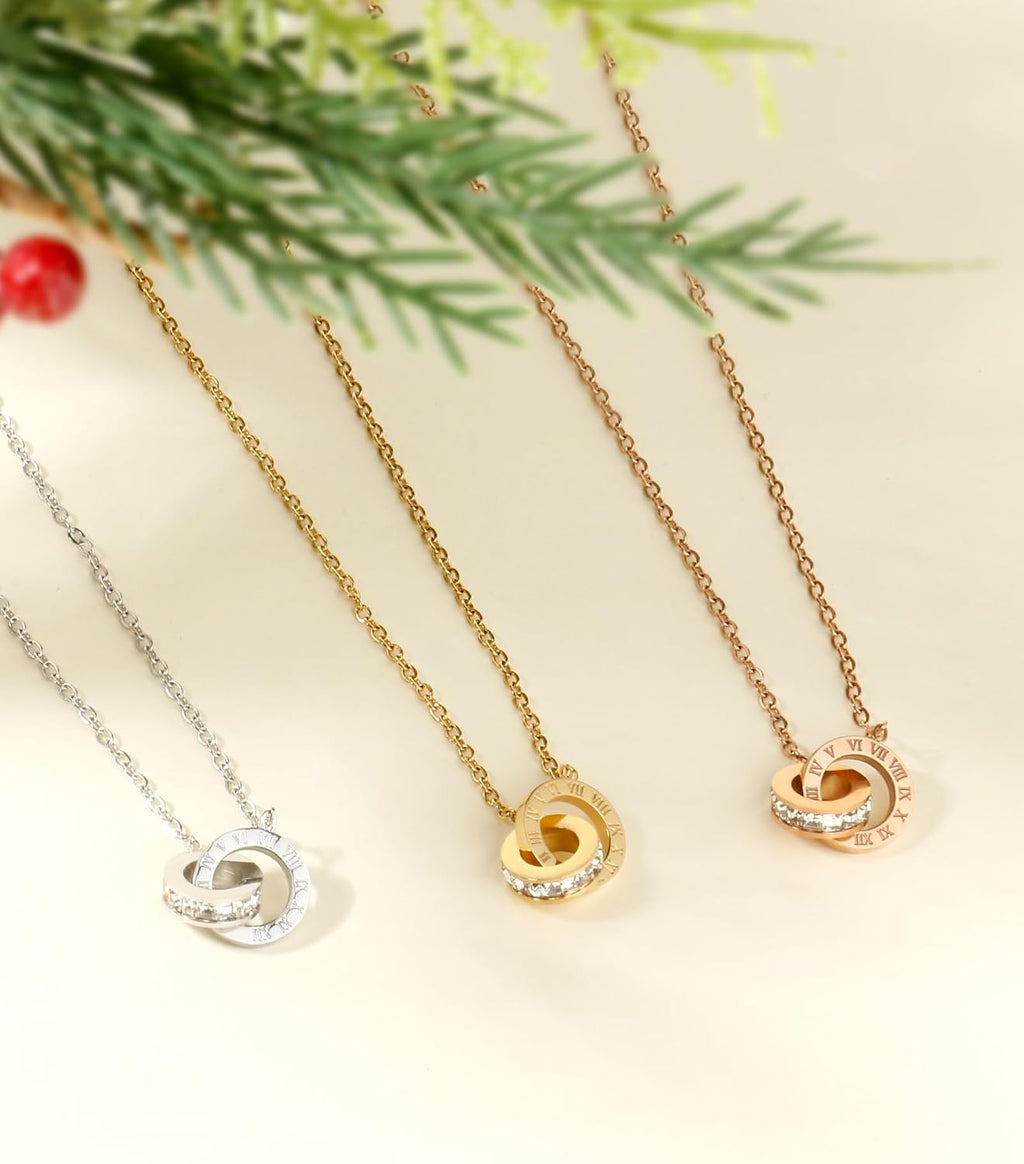 Dainty Necklace Bracelet Earrings Set for Women Gold Silver Rose Gold Diamond Interlocking Circle Jewelry Set for