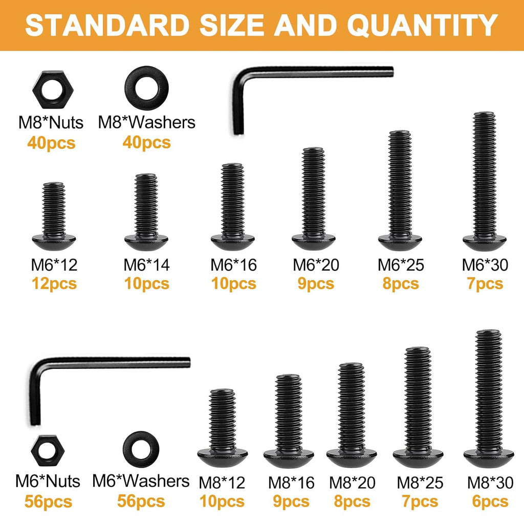288PCS M6 M8 Button Head Hex Socket Cap Screws Bolts Nuts Washer Assortment Kit, 10.9 Grade Alloy Steel Black Oxide