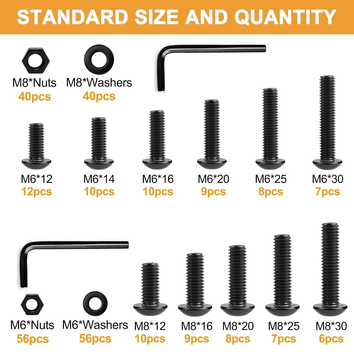 288PCS M6 M8 Button Head Hex Socket Cap Screws Bolts Nuts Washer Assortment Kit, 10.9 Grade Alloy Steel Black Oxide