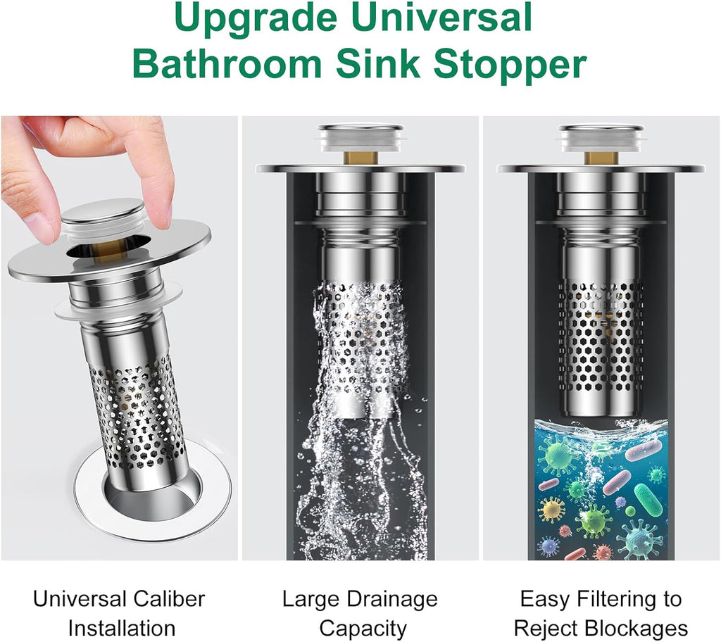 Bathroom Sink Drain Strainer,Universal Pop-Up Sink Stopper Hair Catcher, Anti-Clog Stainless Steel Drain Filter