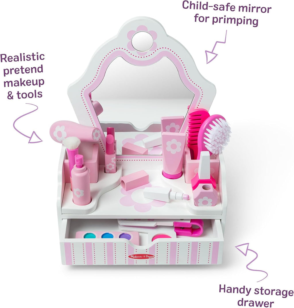 Melissa & Doug Wooden Beauty Salon Play Set, 18-Piece Vanity with Pretend Play Toys, Makeup, Mirror, Accessories &