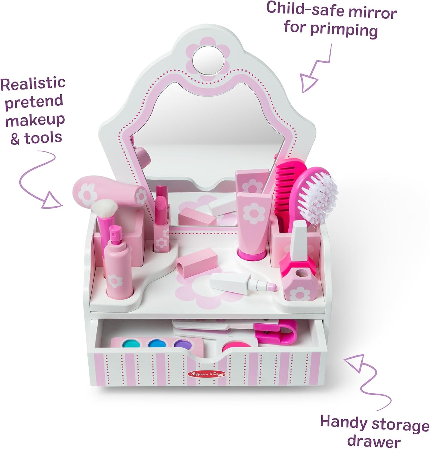 Melissa & Doug Wooden Beauty Salon Play Set, 18-Piece Vanity with Pretend Play Toys, Makeup, Mirror, Accessories &
