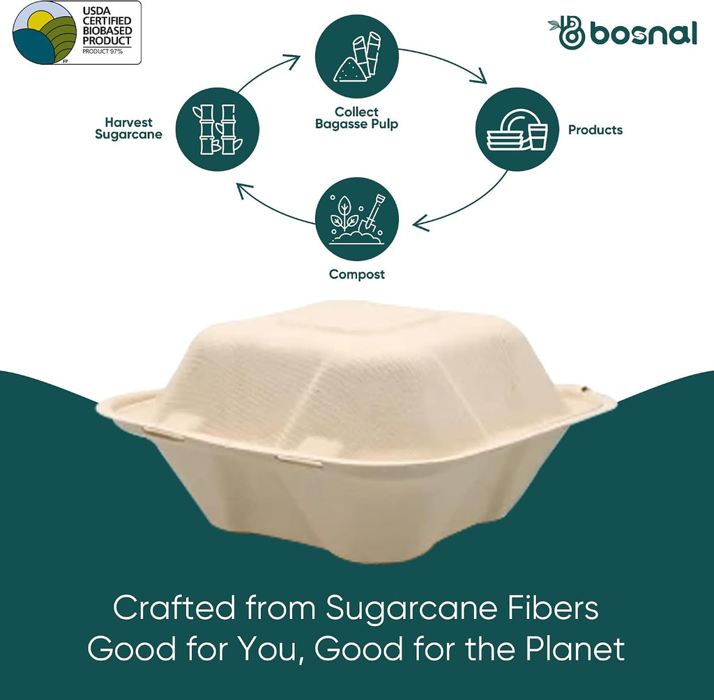 6 Inch Compostable Square Clamshell Containers – 50 Pcs, 100% Plant-Based Sugarcane Bagasse, Eco-Friendly Takeout
