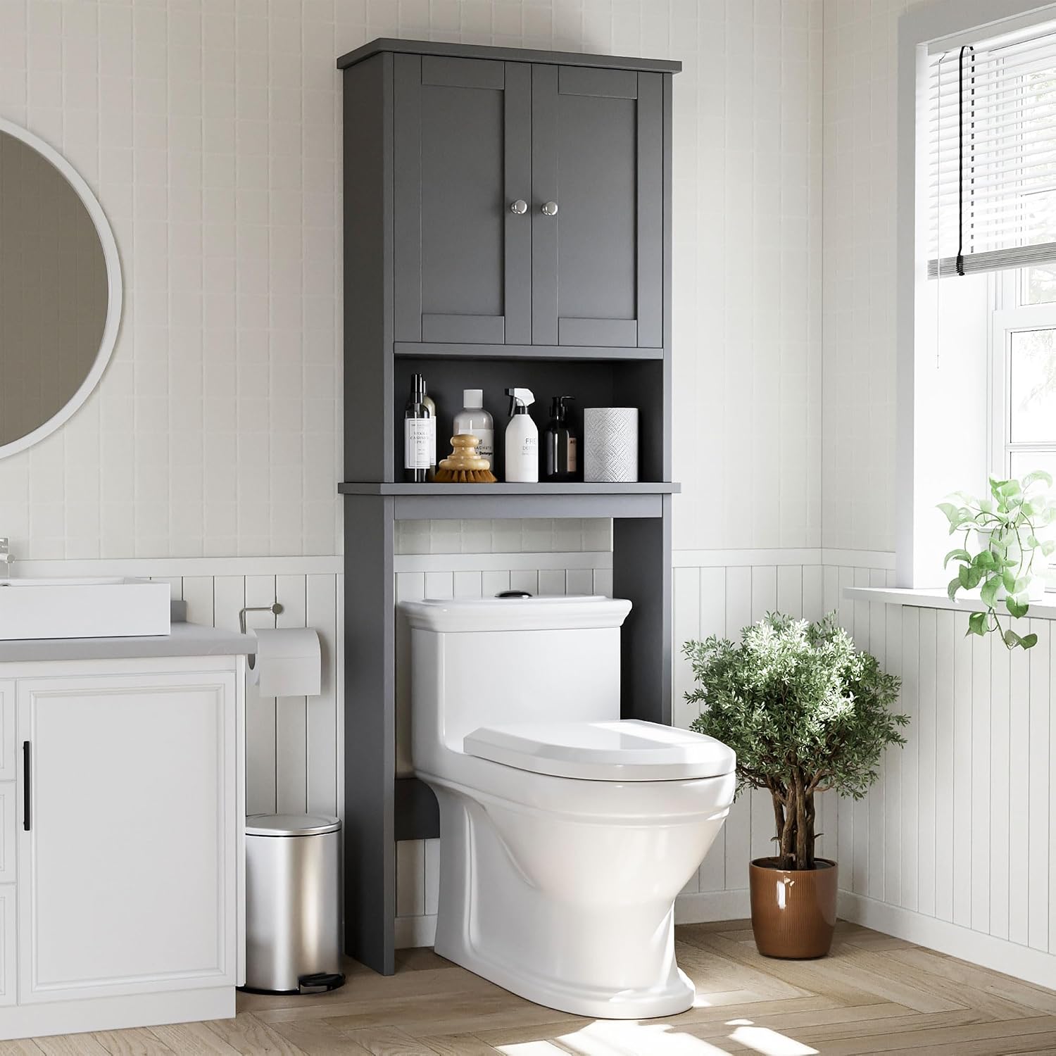 Over the Toilet Storage Cabinet, Bathroom Shelf Organizer with Anti-Tip Device Small Freestanding Space Saver with