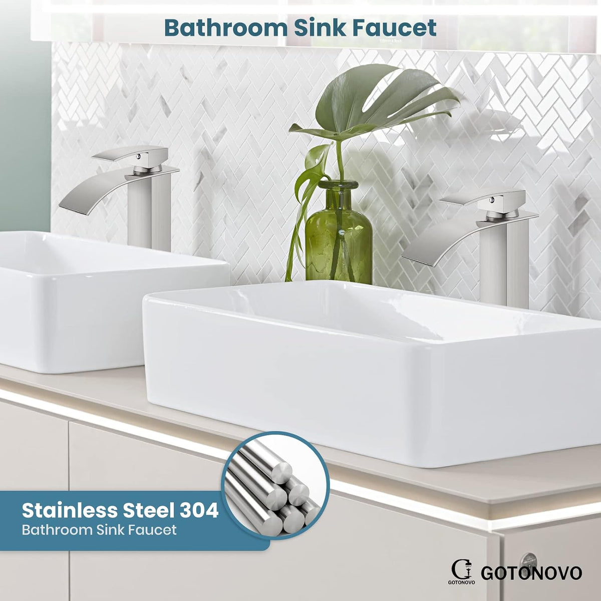 Modern Waterfall Tall Bathroom Faucet 1 Hole, Brushed Nickel
