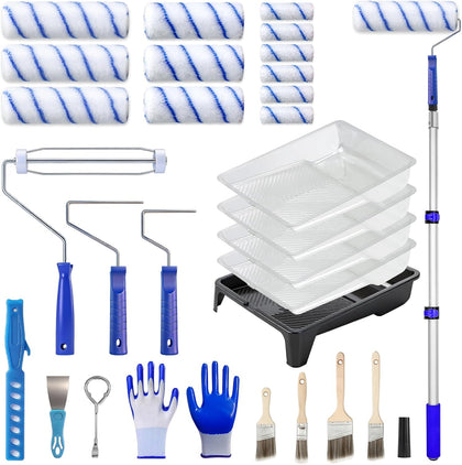 Paint Roller Kit with 3.93Ft Extension Pole for Walls and Ceilings, 30Pcs House Painting Supplies Set with 9”, 6” &