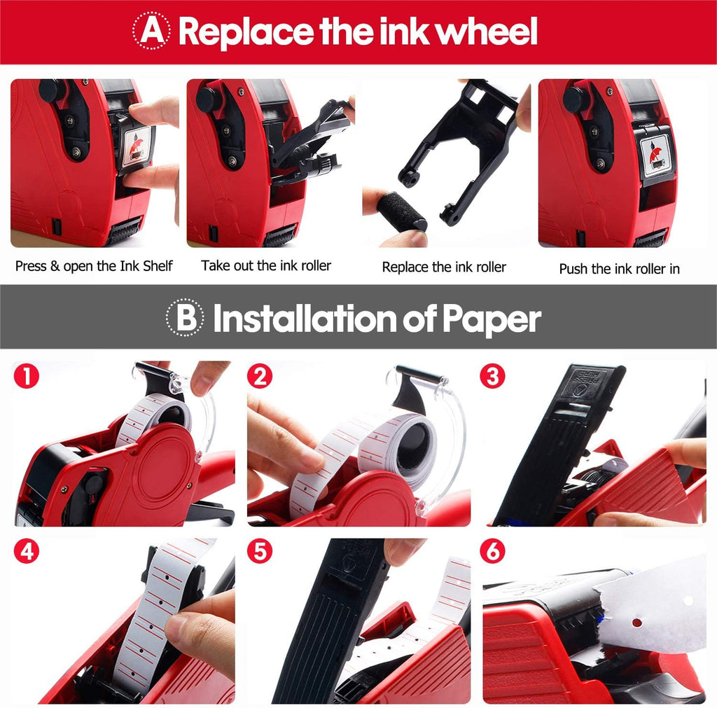 MX5500 Pricing Tag Gun with 5500 pcs White Label Gun Stickers & 3 Extra Inker Rollers, Pricing Label Gun, 8 Digits