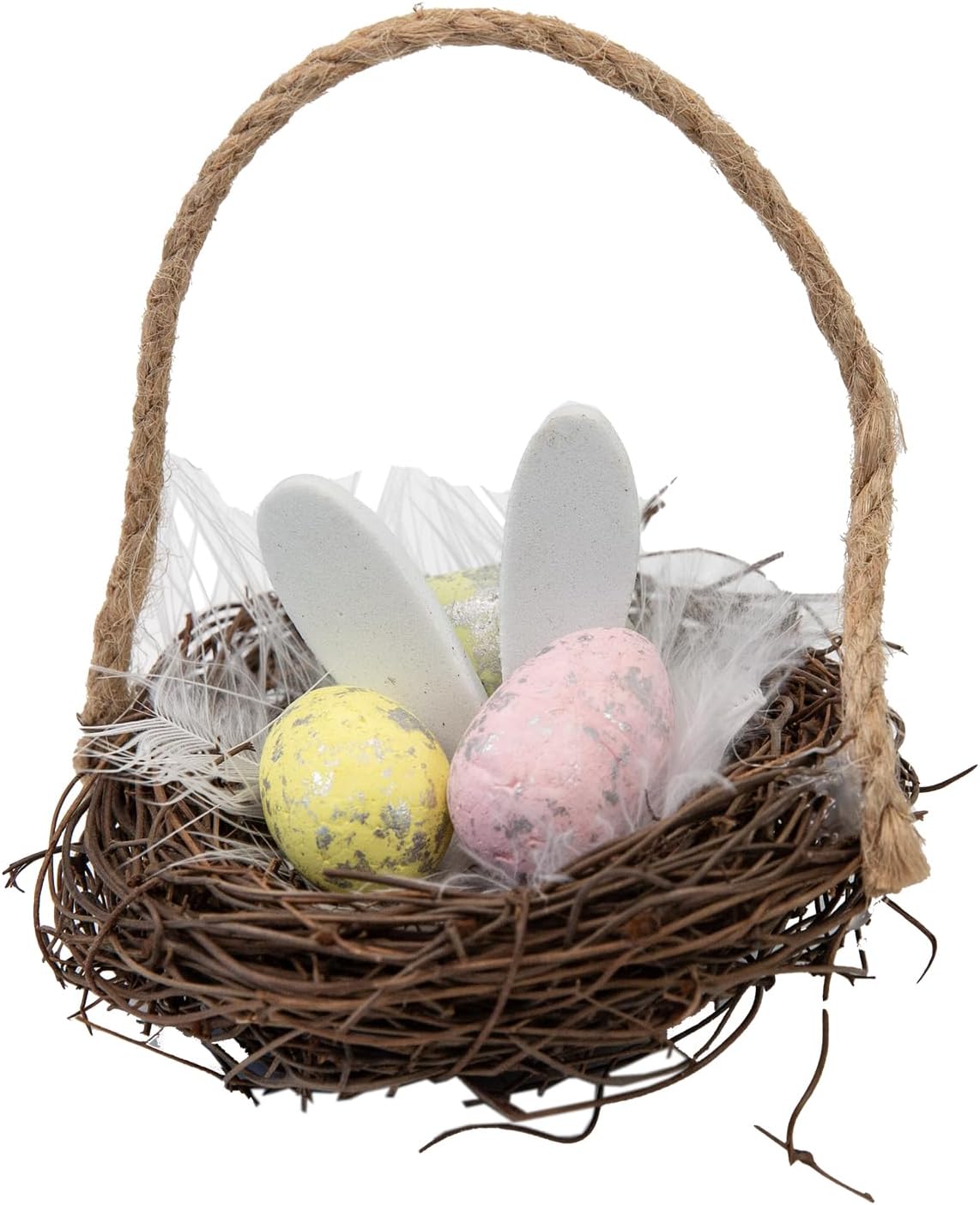 Easter Bunny Basket Decoration with Flowers, Woven Jute Basket with Handle, Spring Decor with Pastel Eggs (F)