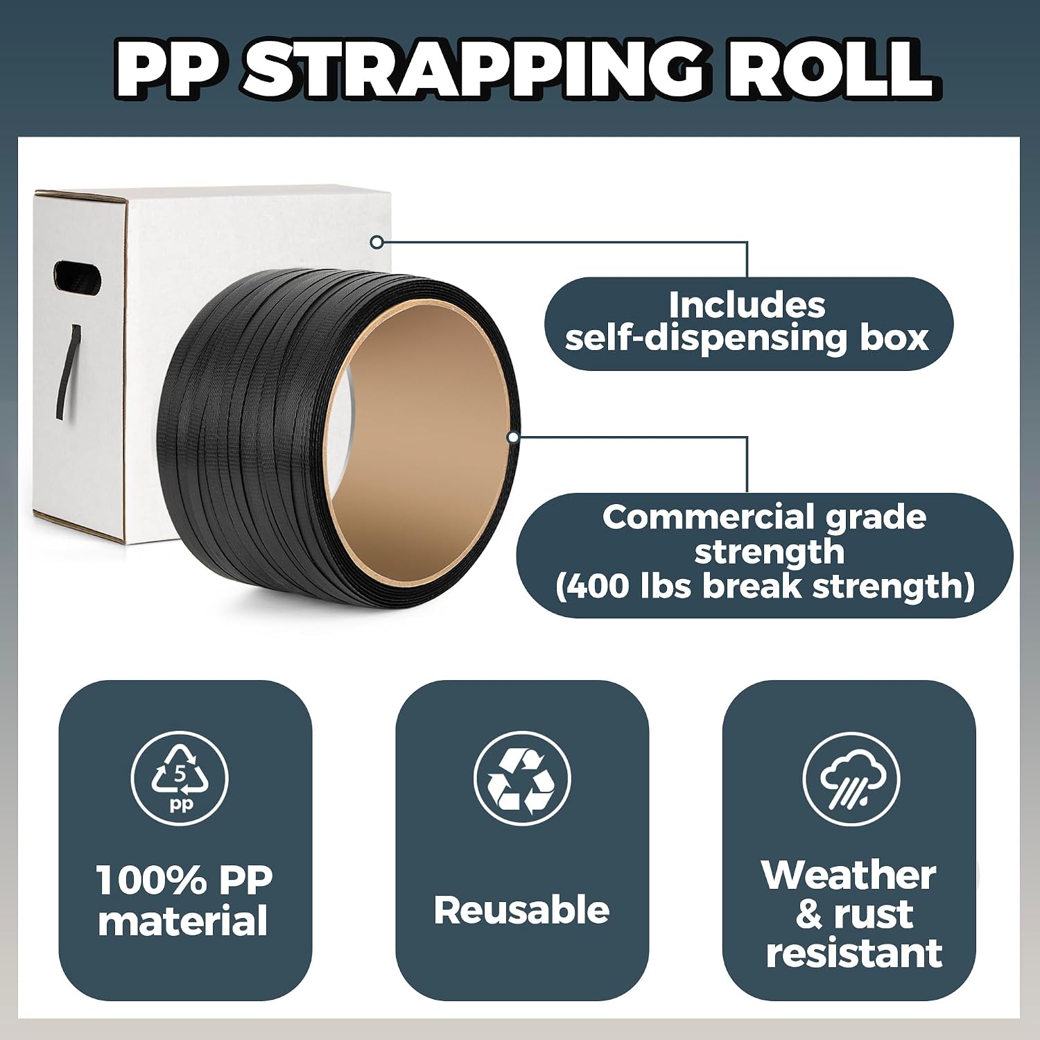 PP Strapping Banding Roll - 1000ft x ½’’ Standard PP Strappings Roll - Banding & Pallet Strap Kit - 400lb Break