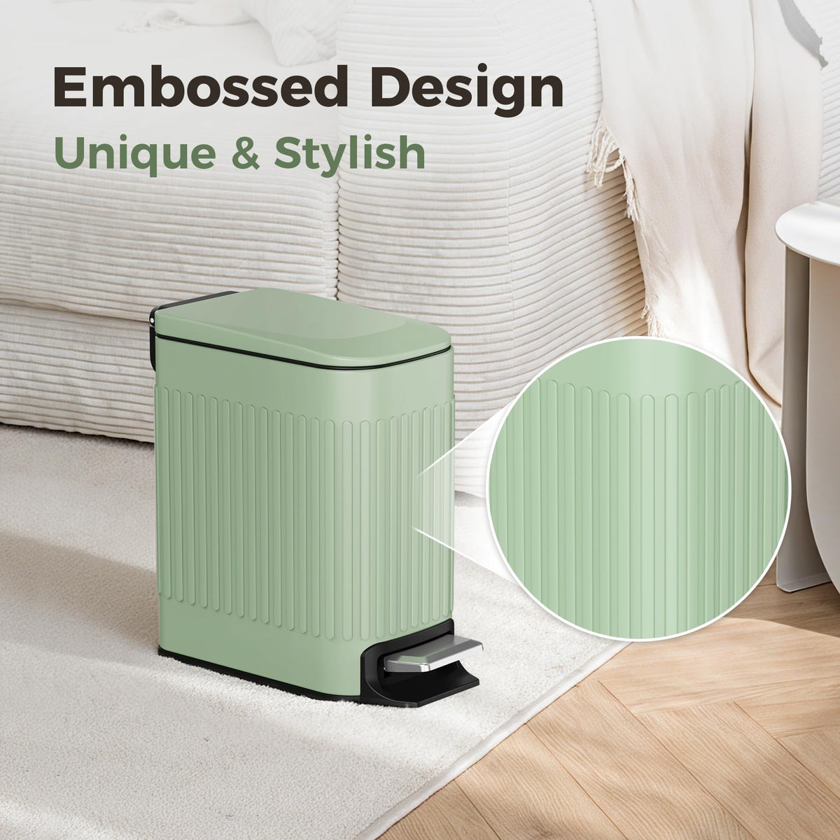 Slim Bathroom Trash Can with Lid Soft Close & Pedal, 1.6Gal, Green