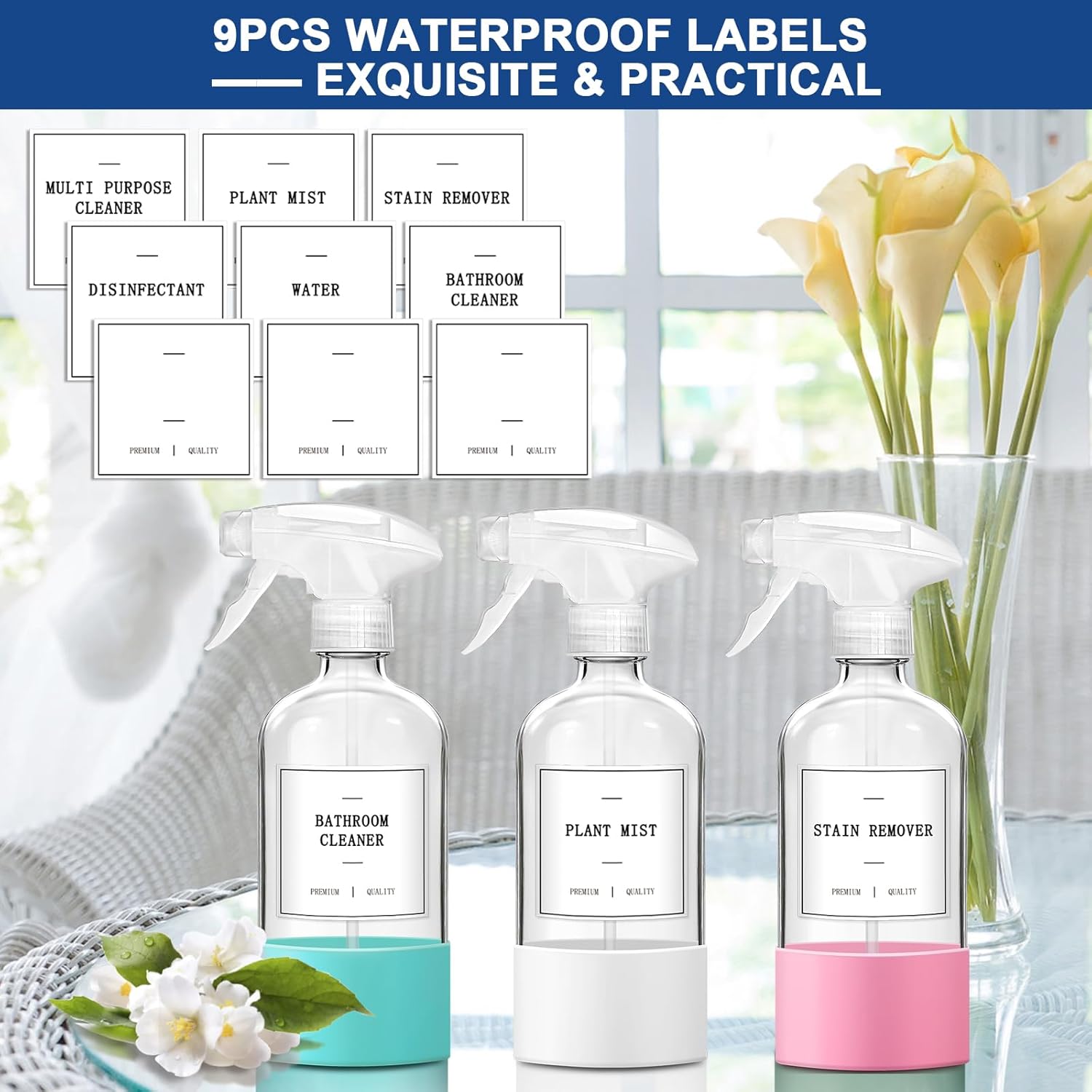 Glass Spray Bottles for Cleaning, 3 Pack Clear Empty Spray Bottle for Cleaning Solutions, 17 fl oz Reusable Spray