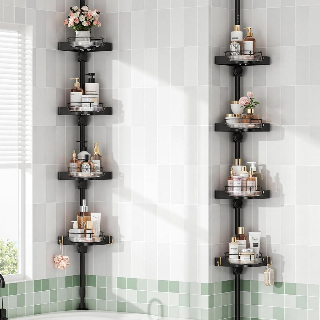 360° Rotating Corner Shower Caddy Tension Pole Organizer (Black) | 4-Tier rotating shelves with hooks, adjustable