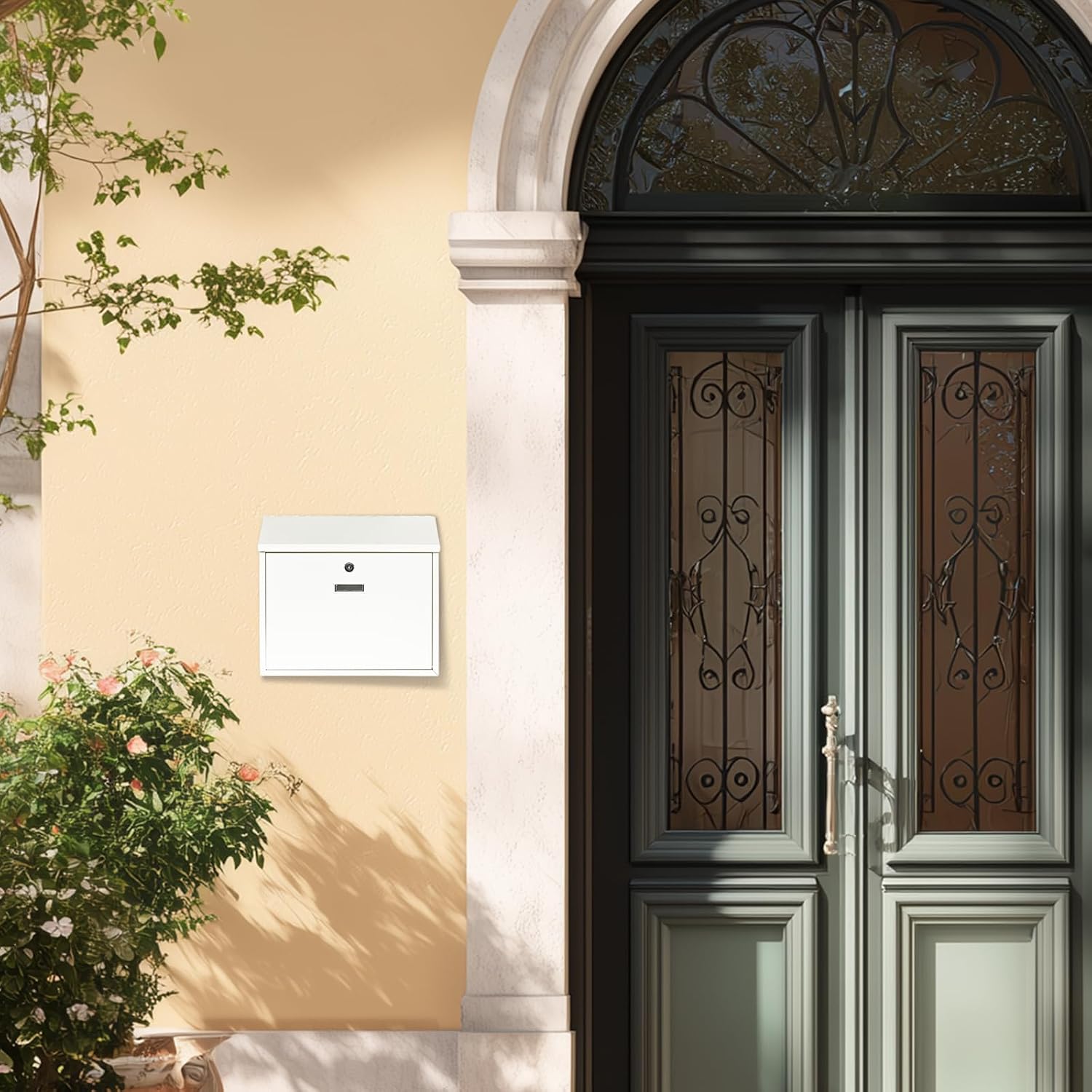 Wall Mount Locking Mailbox, White Modern Mail Box for Outside, Galvanized Steel Large Capacity 14" Mailbox for House