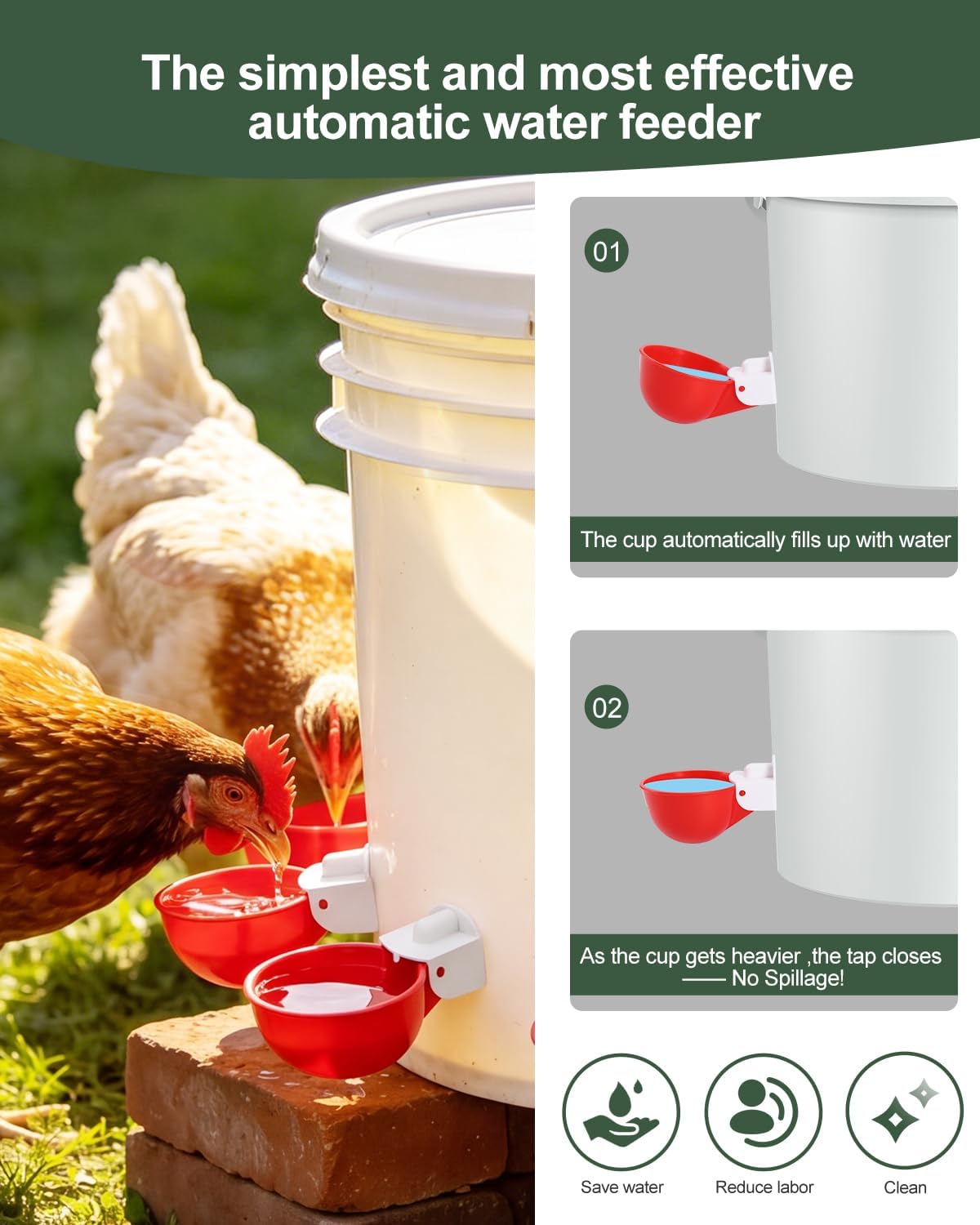 Chicken Waterer Cups (8 Pack) with 3/8" Drill Bit - Red | Automatic Poultry Drinker Feeder Kit for Chickens, Ducks