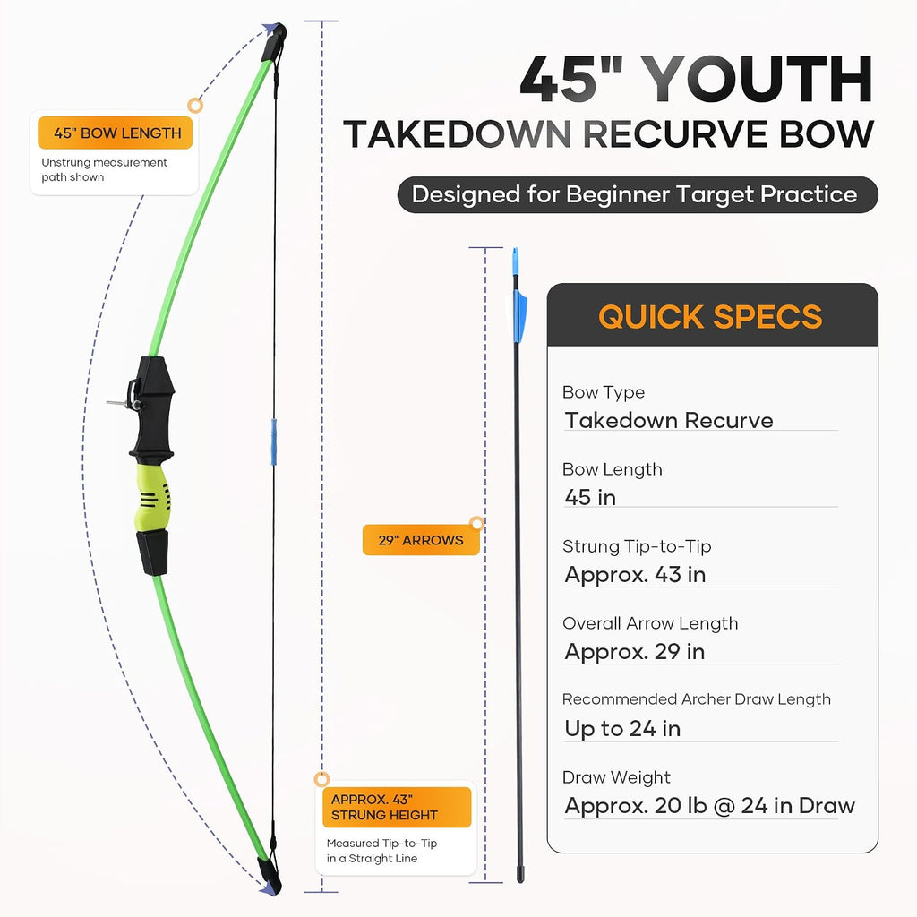 40" Youth Bow and Arrow Set for Kids 8-12 & Teens - Ambidextrous Recurve Archery Gear with Safety Arrows - Toys for