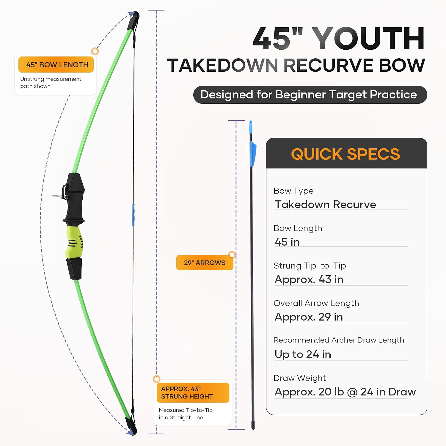 40" Youth Bow and Arrow Set for Kids 8-12 & Teens - Ambidextrous Recurve Archery Gear with Safety Arrows - Toys for