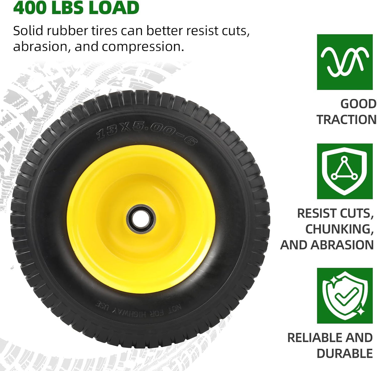 (2 Pack) 13x5.00-6 Flat Free Front Tire and Wheel Assembly, Solid Riding Lawn Mower Wheels, 3"-6" Offset Hub