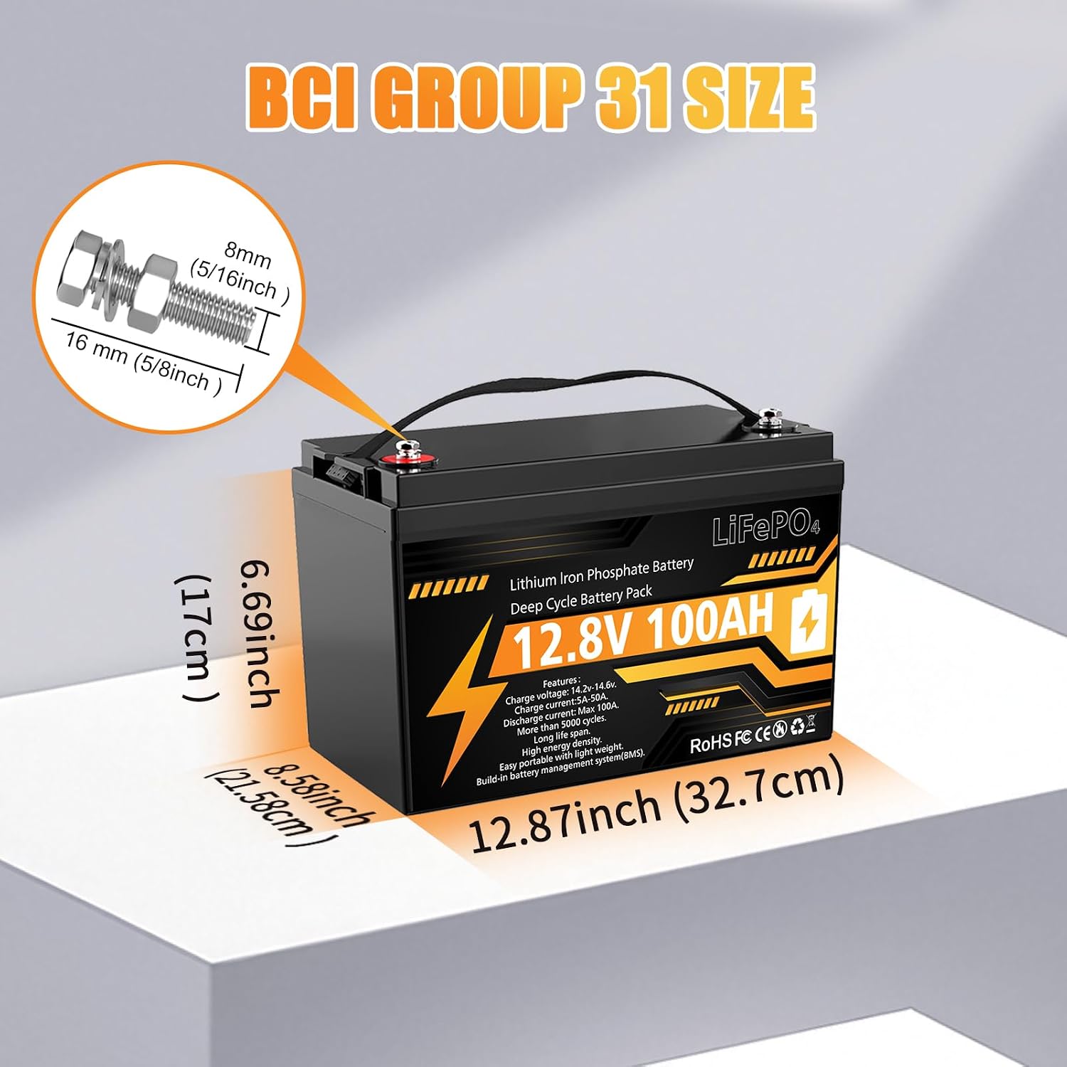 12V 100Ah LiFePO4 Lithium Battery Group 31 Deep Cycle for RV Trolling Motor | 100A BMS, 1280Wh, 15000+ Deep Cycles