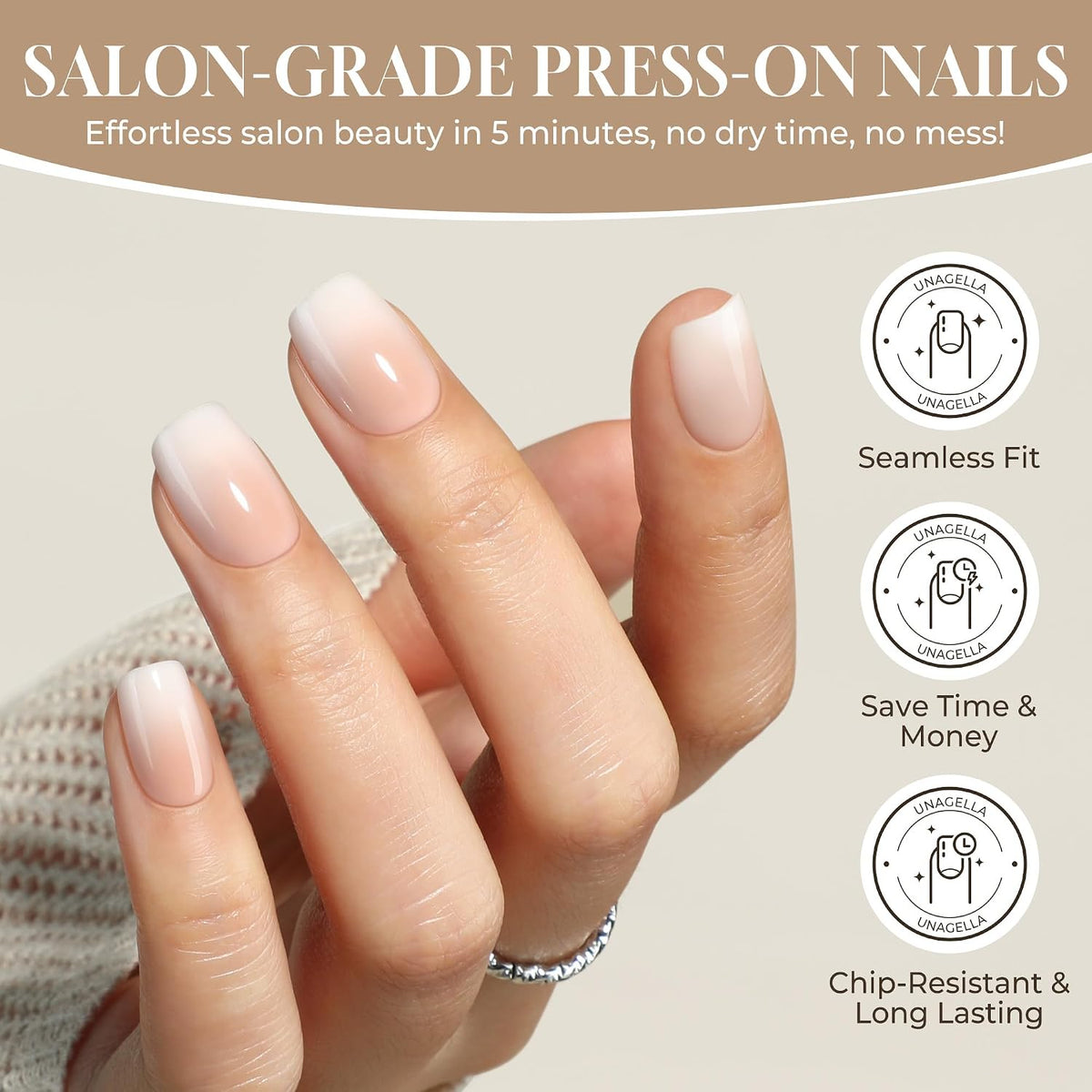 Press On Nails Short Square, Ombre Nude Cream Soft Gel Fake Nails