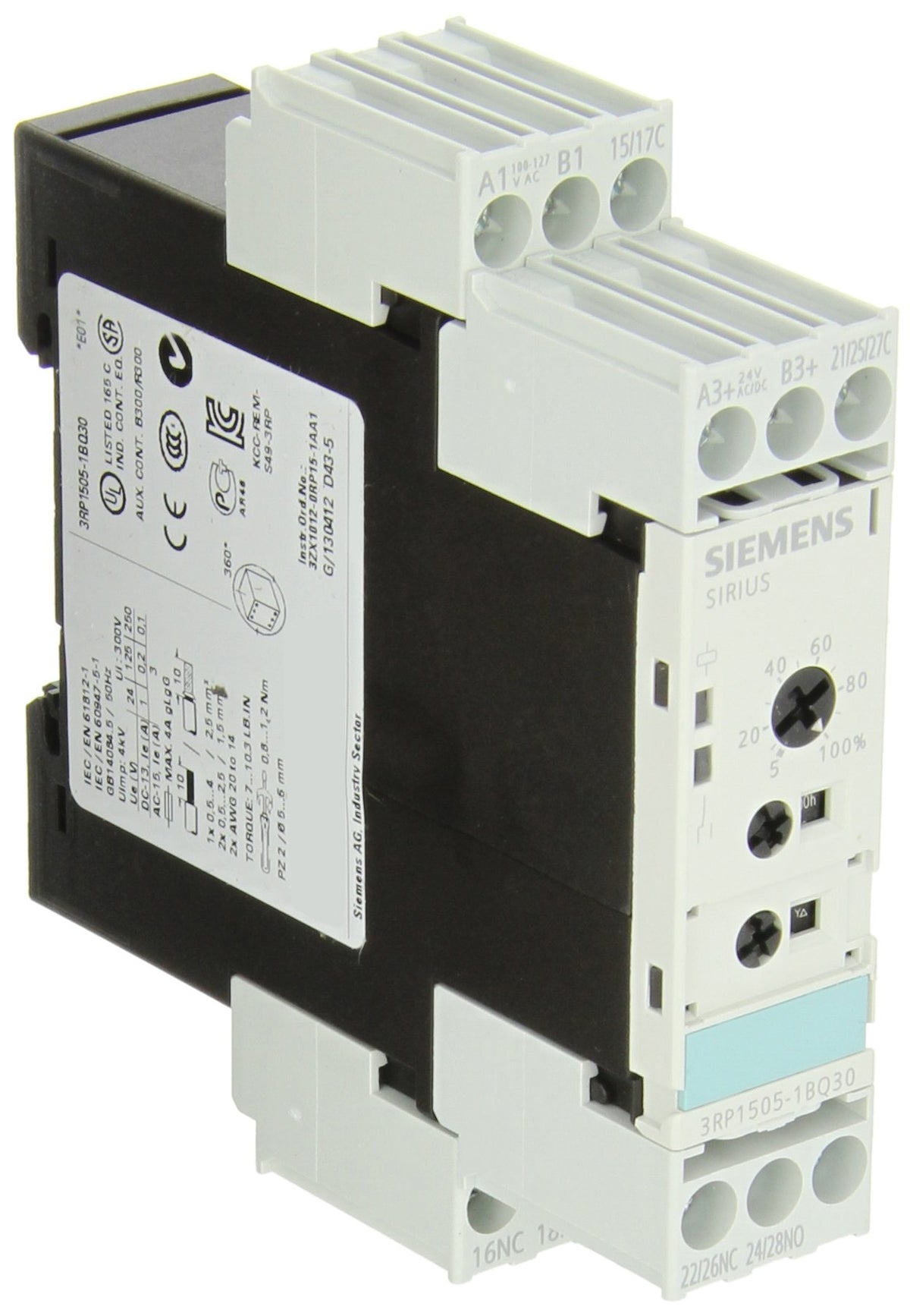 Solid State Time Relay, Industrial Housing, 22.5mm, Screw Terminal, 16 Function, 2 CO Contact Elements, 0.05s–100h Time Range, AC/DC 24 100–127VAC Control Supply Voltage