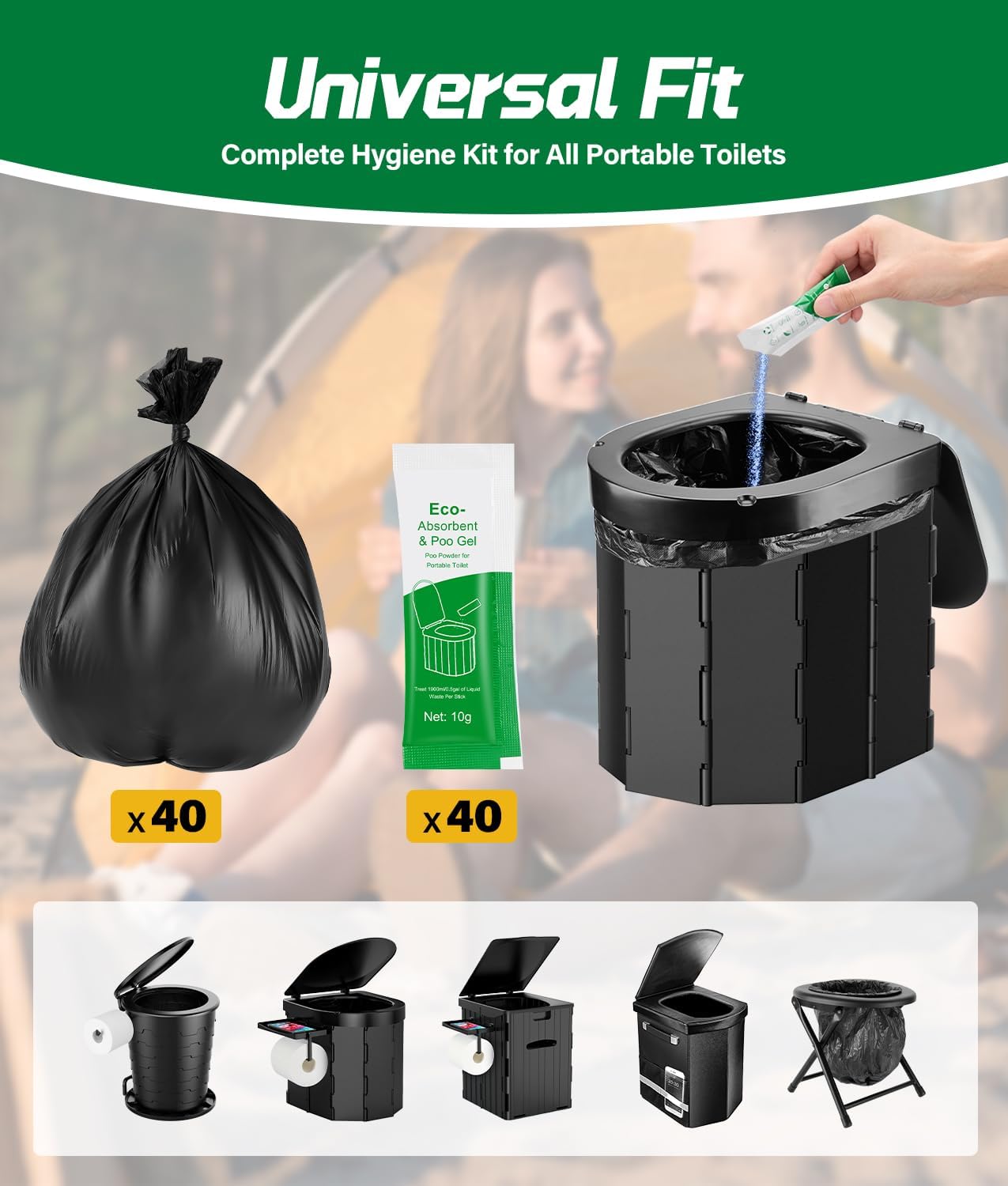 40 Portable Toilet Bags with 40 Poo Gel Set | 12 Gallon Camping Toilet Bag with Eco Super Absorbent Power,Emergency