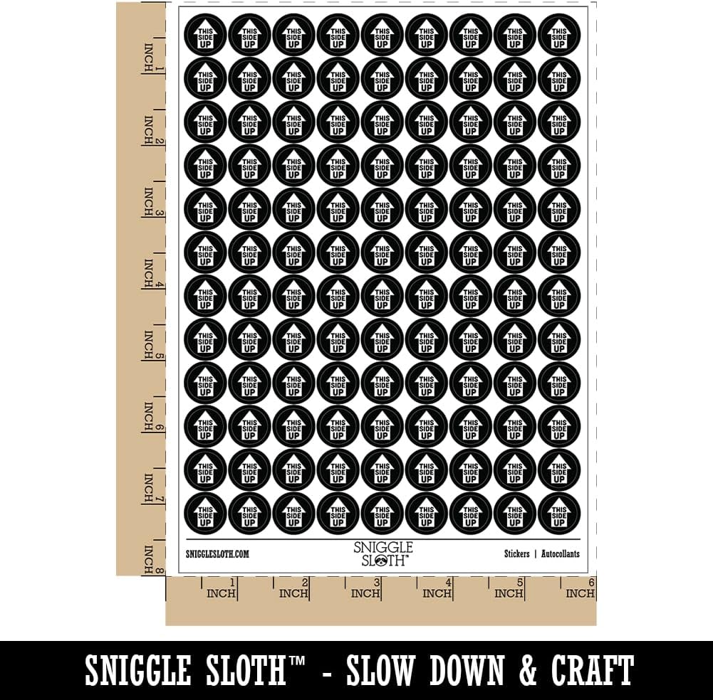 This Side Up Arrow with Text Icon 200+ Round Stickers - Gloss Finish - 0.50" Size - Black